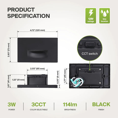 LED Recessed Step Light for Outdoor and Indoor Stairs 3CCT Dimmable Waterproof ETL Listed 3W 120LM 120V Hardwired Black 4 Pack