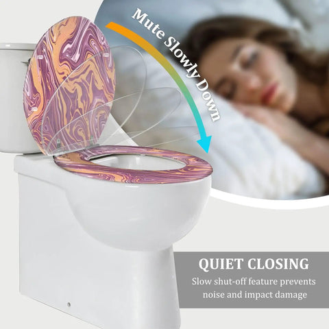 Slow Close Elongated Toilet Seat for Bathroom on white toilet, featuring colorful marbled design, showcasing slow closing feature.