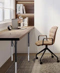 Top Shelf Adjustable Height Table Legs Set Of Four Black Modern Stainless Steel Office And Activity Desk Hardware Heavy Duty Replacement Base Built Different Slick Finish supporting a wooden desk in a modern office setup.