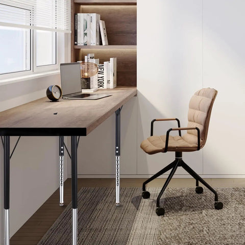 Top Shelf Adjustable Height Table Legs Set Of Four Black Modern Stainless Steel Office And Activity Desk Hardware Heavy Duty Replacement Base Built Different Slick Finish supporting a wooden desk in a modern office setup.