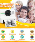 Kids Instant Print Camera With 1080P HD Imaging And No Ink Thermal Printing Includes 3 Rolls Photo Paper And 32GB Memory Card, white front view with printed photo