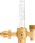 Side view of brass SPARC Argon welding gas regulator with vertical flowmeter (0-70 CFH) for MIG/TIG welding