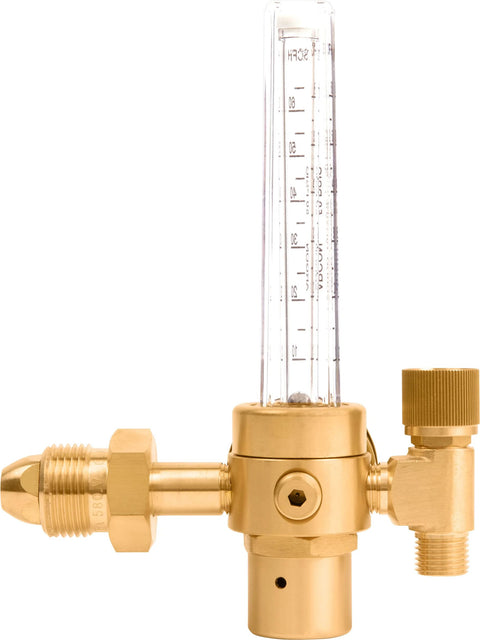 Side view of brass SPARC Argon welding gas regulator with vertical flowmeter (0-70 CFH) for MIG/TIG welding
