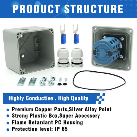 Components of 25A Rotary Changeover Switch in exterior box for solar power system with flame retardant PC housing and copper alloy contacts.