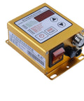 Variable Frequency Vibratory Feeder Controller For Industrial Feeding Lines, Digital Voltage Regulator 85-260V AC, 5A Max, 1100VA Power, Auto Voltage Regulation, Clear LED Readout, Pro Grade Vibration Plate Control, gold aluminum enclosure