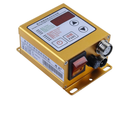 Variable Frequency Vibratory Feeder Controller For Industrial Feeding Lines, Digital Voltage Regulator 85-260V AC, 5A Max, 1100VA Power, Auto Voltage Regulation, Clear LED Readout, Pro Grade Vibration Plate Control, gold aluminum enclosure