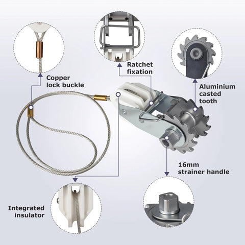 Heavy Duty Electric Fence Tensioner With Integrated Insulator, 5 Pack In Line Wire Strainer And Termination Kit diagram