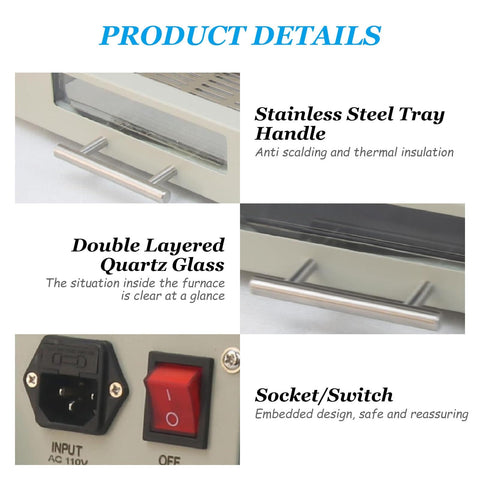 Powerful 800W Reflow Oven With Infrared Heater Soldering Station details, featuring handle, quartz glass, and socket