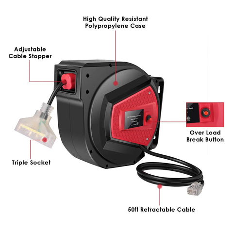 Heavy Duty Built Tough 50 Foot Retractable Extension Cord Reel With Three Grounded Outlets Lighted Triple Tap For Outdoor Use 14 AWG.