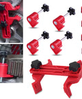 Red 9-piece camshaft timing gear locking tool set with red pins, shown in front, side, and close-up views