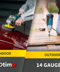 Person using power tools indoors and outdoors; labeled 14 gauge, suggesting versatility of heavy duty 100 foot 14 3 SJTW extension cord.