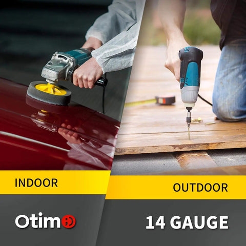 Person using power tools indoors and outdoors; labeled 14 gauge, suggesting versatility of heavy duty 100 foot 14 3 SJTW extension cord.