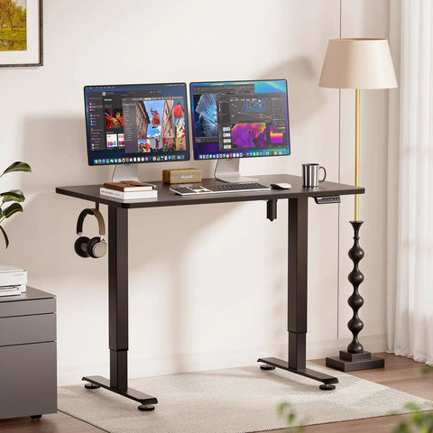 47.2 Inch Standing Desk With Adjustable Height And Wood Top For Home Office And Gaming, featuring dual monitors