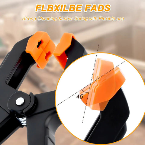 Close-up of 10 Pack Heavy Duty Spring Clamps For Woodworking And DIY Projects with 45° pivoting jaws showcased.