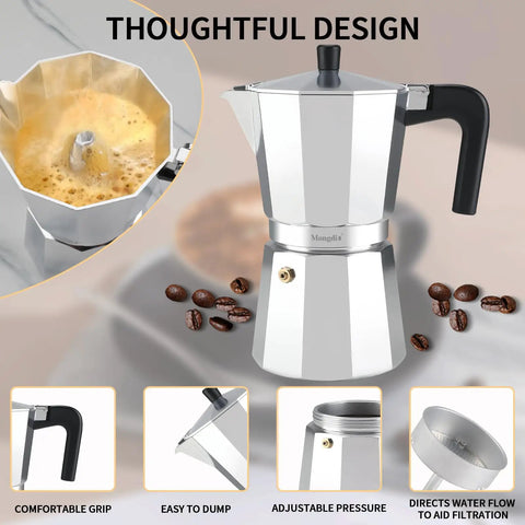 Stovetop Espresso Maker Moka Pot For Barista Grade Espresso, 6 Cup 10 Oz Italian Greca Mocha Pot, Silver, Durable Stainless Steel