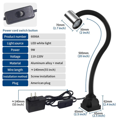 Built Tough LED Work Light With Flexible Gooseneck, IP65 Waterproof Industrial Lamp, 900 Lumens, 120 Volt Power, dimensions displayed