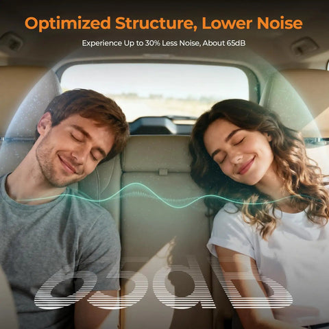 Couple enjoying quieter car interior with optimized structure, experiencing 65dB noise reduction during travel.
