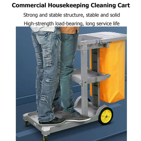 Heavy Duty Rolling Cleaning Cart Built Like A Tank For Busy Hotels And Commercial Spaces Featuring Super Smooth Casters And Hella Large Storage Compartments Made To Get The Job Done Right Every Single Time with two people standing next to it.