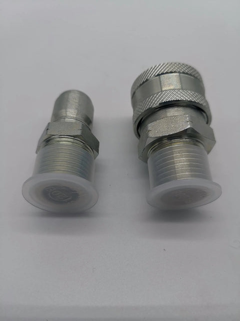 Front view of two metal 1/2-inch male-thread quick-connect fittings with knurled coupling nuts