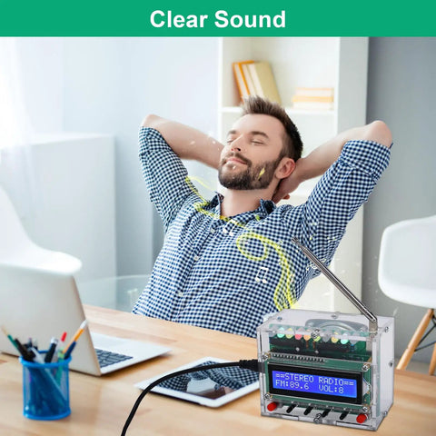 Man relaxing near DIY FM Radio Kit With LED Pulse Lights And LCD Display 87 To 108 MHz Soldering Practice Project on desk