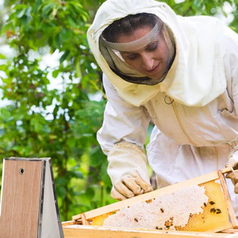 Beekeeper using Bee Smoker Bellows For Beehive Replacement Plywood Box With PVC Leather Clip Included 19x12 Cm, close-up