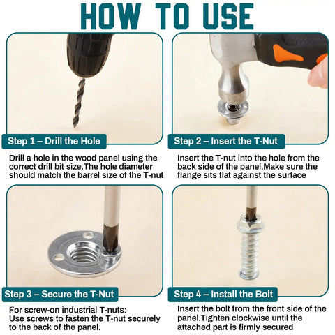 How to use Heavy Duty 120 Pack T Nuts With 360 Hex Machine Screws 3/8 x 16 Thread with installation steps for wood projects.