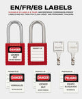 10 Red Lockout Tagout Padlocks Set Keyed Differently With Two Keys Each Rugged Nylon Body Stainless Steel Shackle Heavy Duty And Chemical Resistant OSHA Compliant LOTO Locks For Lockout Stations And Industrial Devices shown with multilingual danger labels and keys.