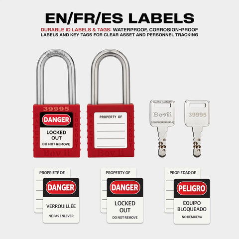 Lockout Tagout Kit With 50 Red Safety Padlocks And Tags Keyed Differently Two Keys Per Lock A Real Worksite Workhorse OSHA Compliant LOTO Locks For Lockout Tagout Stations And Devices with red padlocks, keys, tags in multiple languages