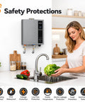 Heavy Duty 27KW Electric Tankless Water Heater With 240V Input And 7.4 GPM Throughput mounted in a kitchen, woman washing lettuce.