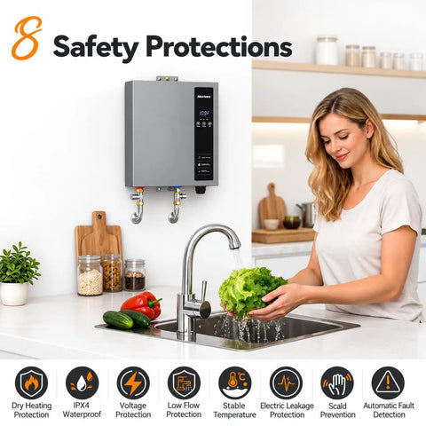Heavy Duty 27KW Electric Tankless Water Heater With 240V Input And 7.4 GPM Throughput mounted in a kitchen, woman washing lettuce.