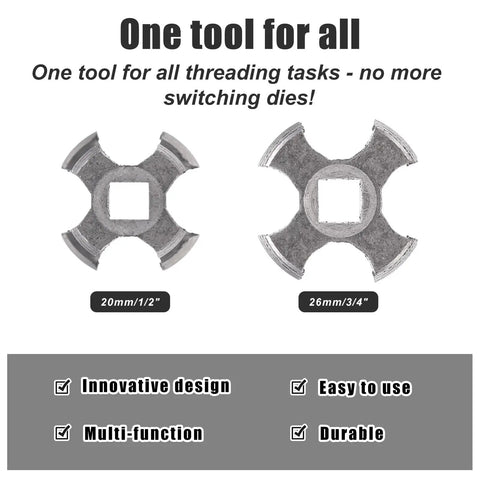 Heavy Duty PVC Pipe Threader Kit With Electric Drill Adapter, showcasing 20mm and 26mm threading molds made of carbon steel.