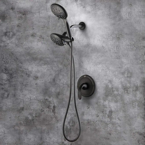 Black Dual Function Shower Faucet Set With Valve High Pressure 35 Setting Dual 2 In 1 Shower System on concrete wall