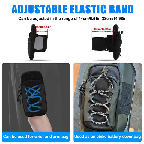 Non Slip Battery Cover Frame Bag for electric dirt bikes with adjustable elastic band shown as wrist and ebike bag.