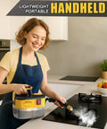 Woman using Get That Shine Heavy Duty Handheld Steam Cleaner 1500W to clean stove top with steam, showcasing its 1.2L tank and lightweight design.