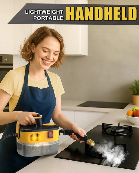 Woman using Get That Shine Heavy Duty Handheld Steam Cleaner 1500W to clean stove top with steam, showcasing its 1.2L tank and lightweight design.