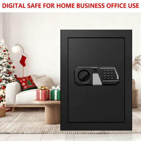 Massive Home Safe Box For Cash And Valuables With Digital Keypad, Fireproof and Waterproof Design near Christmas tree in living room