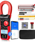 Clamp Meter Multimeter With True RMS, 2000A AC DC Current, 6000 Counts, Bluetooth Data Logging To 570Y App displayed with accessories.