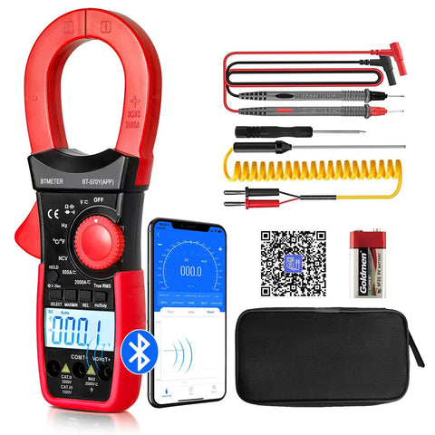 Clamp Meter Multimeter With True RMS, 2000A AC DC Current, 6000 Counts, Bluetooth Data Logging To 570Y App displayed with accessories.