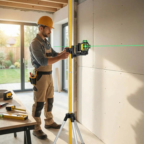 Worker using Laser Level Pole Kit For Pros with twelve foot telescoping pole and tripod for precise wall alignment