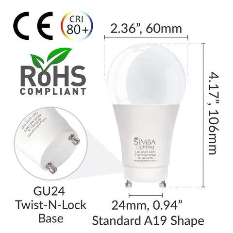 Go To LED GU24 A19 Light Bulb 12W 75W To 100W Replacement 4 Pack 120V Non Dimmable 5000K Daylight, dimensions and certifications
