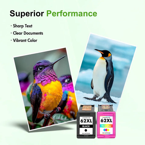 62XL Black and Tri-Color Ink Cartridge Combo Pack for Envy and OfficeJet Printers shown with vibrant photos