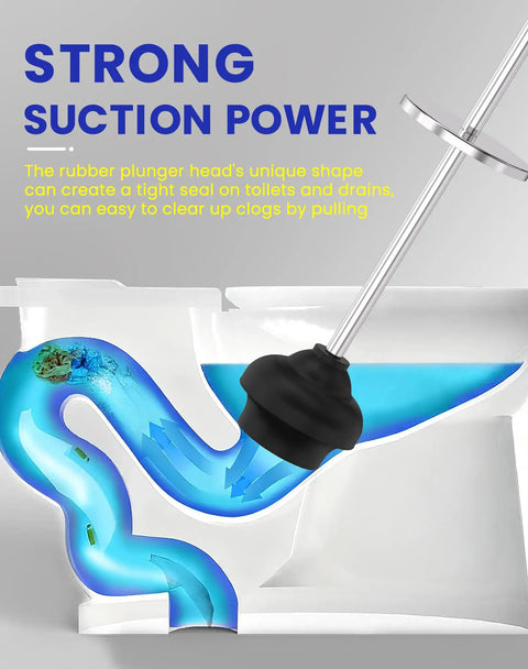 Heavy Duty Toilet Plunger With Sturdy Powder Coated Iron Canister And Badass Suction Rubber Head showing strong suction power in toilet drain.