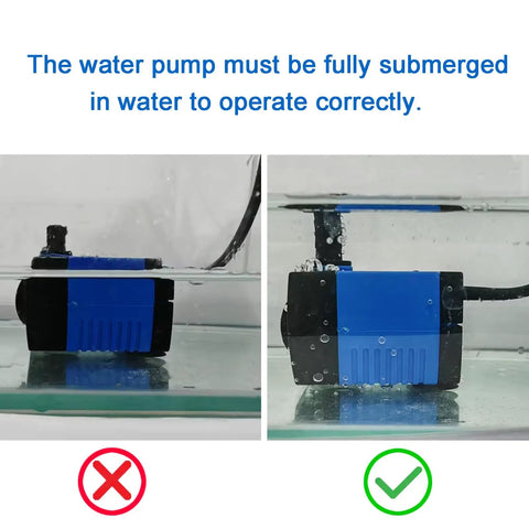 Tiny But Mighty 80 GPH Mini Submersible Fountain Pump fully submerged in water with correct and incorrect operation shown