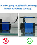 Instructions showing a small submersible fountain pump for aquariums and outdoor fountains, partially vs. fully submerged.