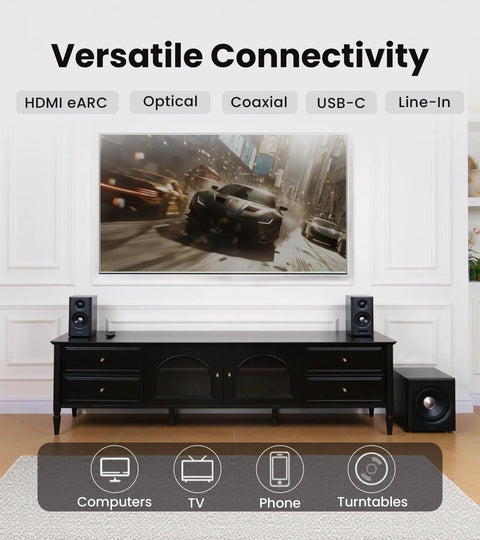 Living room setup with Dope 2.1 Bluetooth Speaker System with Wireless 8 Inch Subwoofer 150W Tri Amp Hi Res Audio in action
