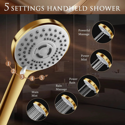 Gold Rain Shower Head And Handheld Combo with 5 spray settings, featuring adjustable extension arm and luxe spa vibe design.