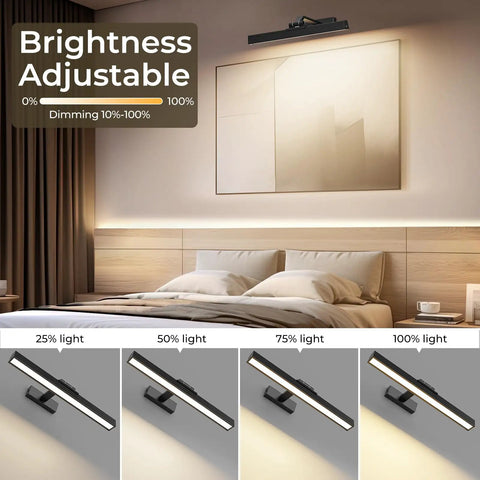 16 Inch Wall Mounted Picture Light With Slick Cct Dimming And Long Lasting Rechargeable Battery Paired With A Wireless Remote Zero Glare Flicker Free Gallery Lamp For Paintings Art Mirrors And Dartboards in a bedroom setting with adjustable brightness options.