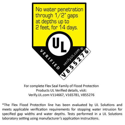 Certification label for Flood Protection Tape 3.75 Inch By 50 Foot Waterproof Rubberized Tape, showing UL verification details.