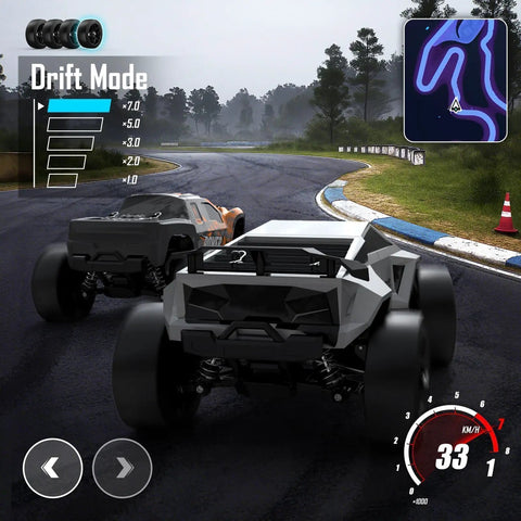 Two 1/18 scale RC Cyber Monster Trucks on track, in drift mode. 2 In 1 RC Cyber Monster Truck And Drift Car For Adults 1 18 Scale 4WD All Terrain Beast