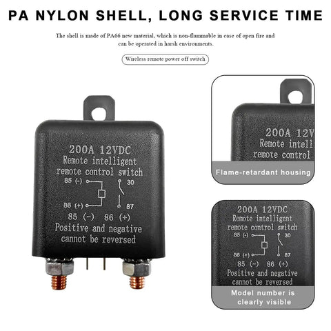 Wireless Remote Battery Disconnect Switch 12V Top Post Negative Kill Switch 200A automotive power cutoff with PA nylon shell.